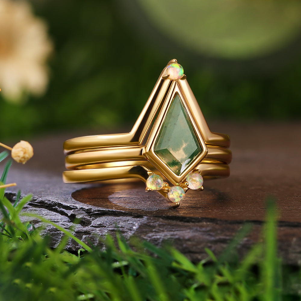 6x9mm Kite Cut Moss Agate with Opal Accents Geometric Triangle Stackable Bridal Ring