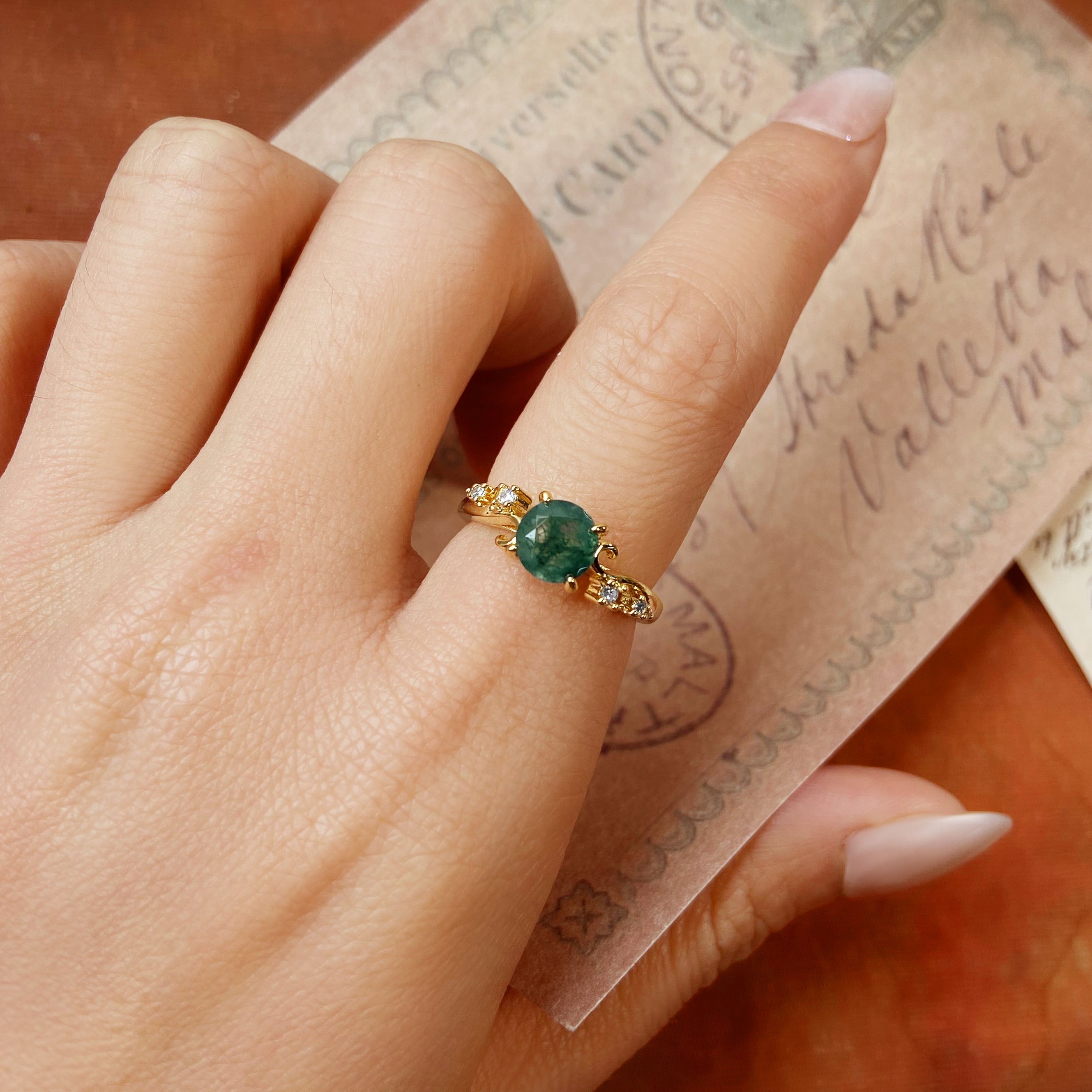 Vintage Nature Inspired Vine Style 6.5mm Round Moss Agate Engagement Ring
