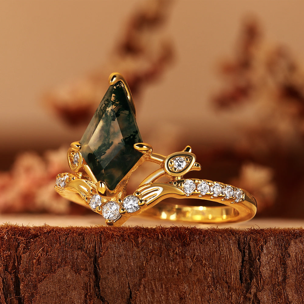 Elven Inspired Unique Kite Cut Moss Agate Engagement Ring