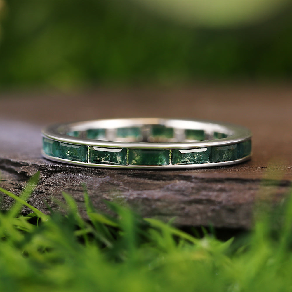 2x4mm Baguette Cut Moss Agate Eternity Band Minimalist Wedding Band