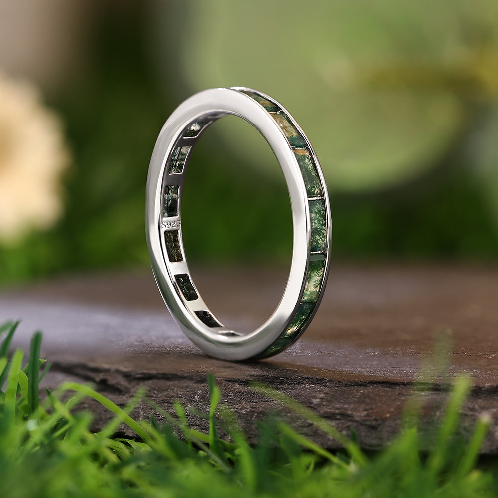 2x4mm Baguette Cut Moss Agate Eternity Band Minimalist Wedding Band