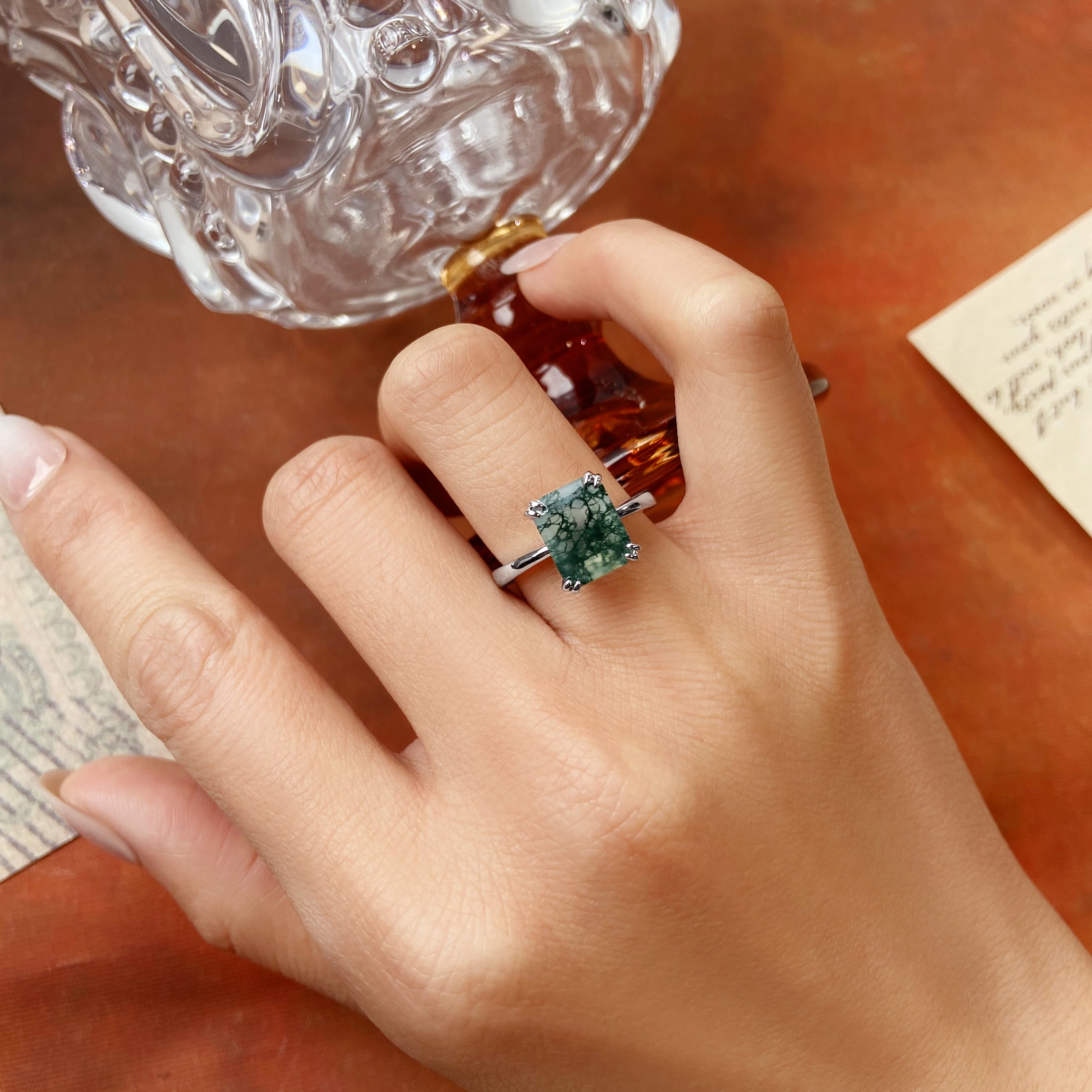 8x10mm Emerald Cut Moss Agate Unique Nature Inspired Branch Prongs Engagement Ring