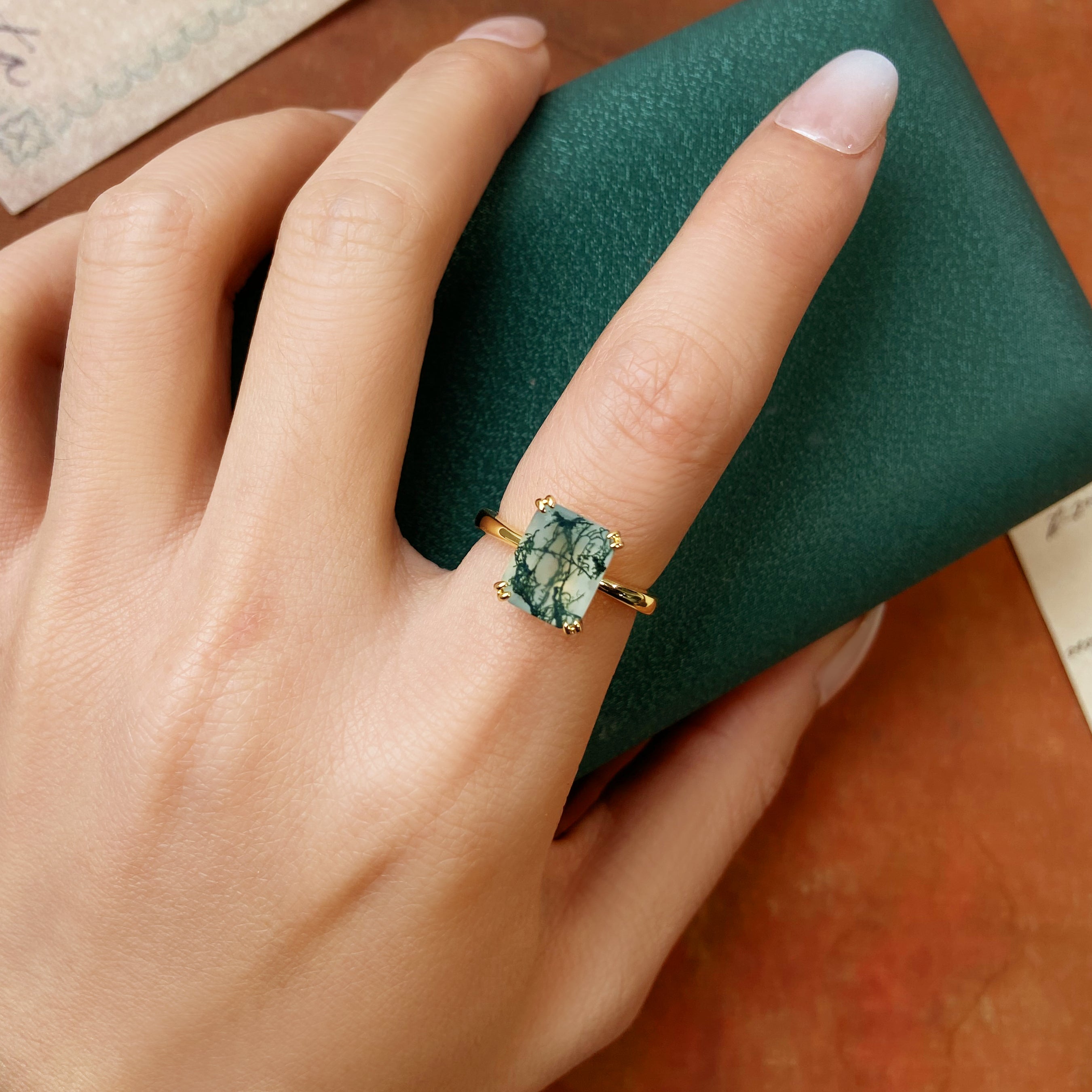 8x10mm Emerald Cut Moss Agate Unique Nature Inspired Branch Prongs Engagement Ring