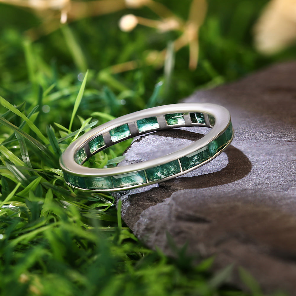 2x4mm Baguette Cut Moss Agate Eternity Band Minimalist Wedding Band