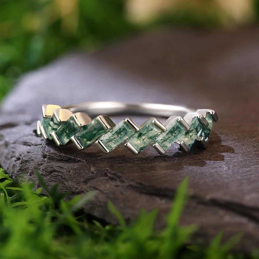 2x4mm Baguette Cut Moss Agate Chevron Pattern Half Eternity Engagement Ring