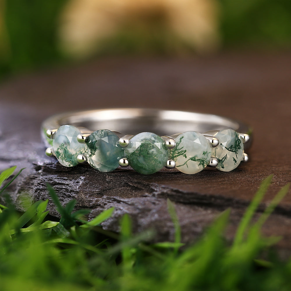 5mm Round Cut Moss Agate Half Eternity Minimalist Engagement Ring