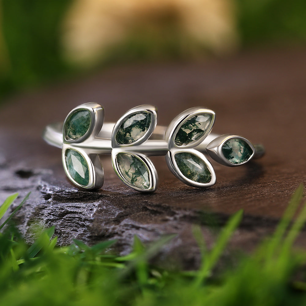 2x4mm Marquise Cut Moss Agate Leaf Vine Silver Nature Inspired Engagement Ring