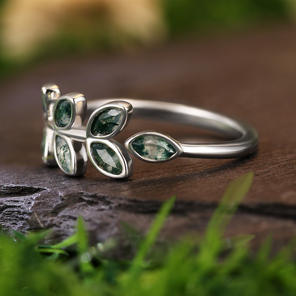 2x4mm Marquise Cut Moss Agate Leaf Vine Silver Nature Inspired Engagement Ring
