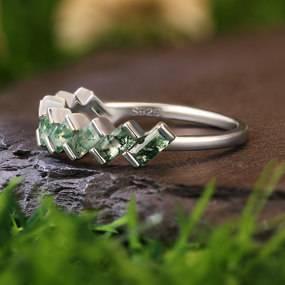 2x4mm Baguette Cut Moss Agate Chevron Pattern Half Eternity Engagement Ring