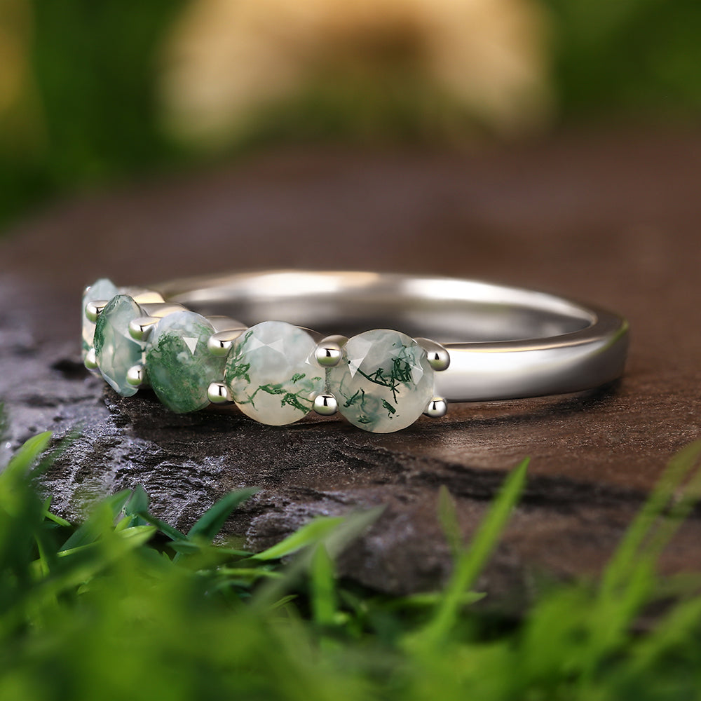 5mm Round Cut Moss Agate Half Eternity Minimalist Engagement Ring