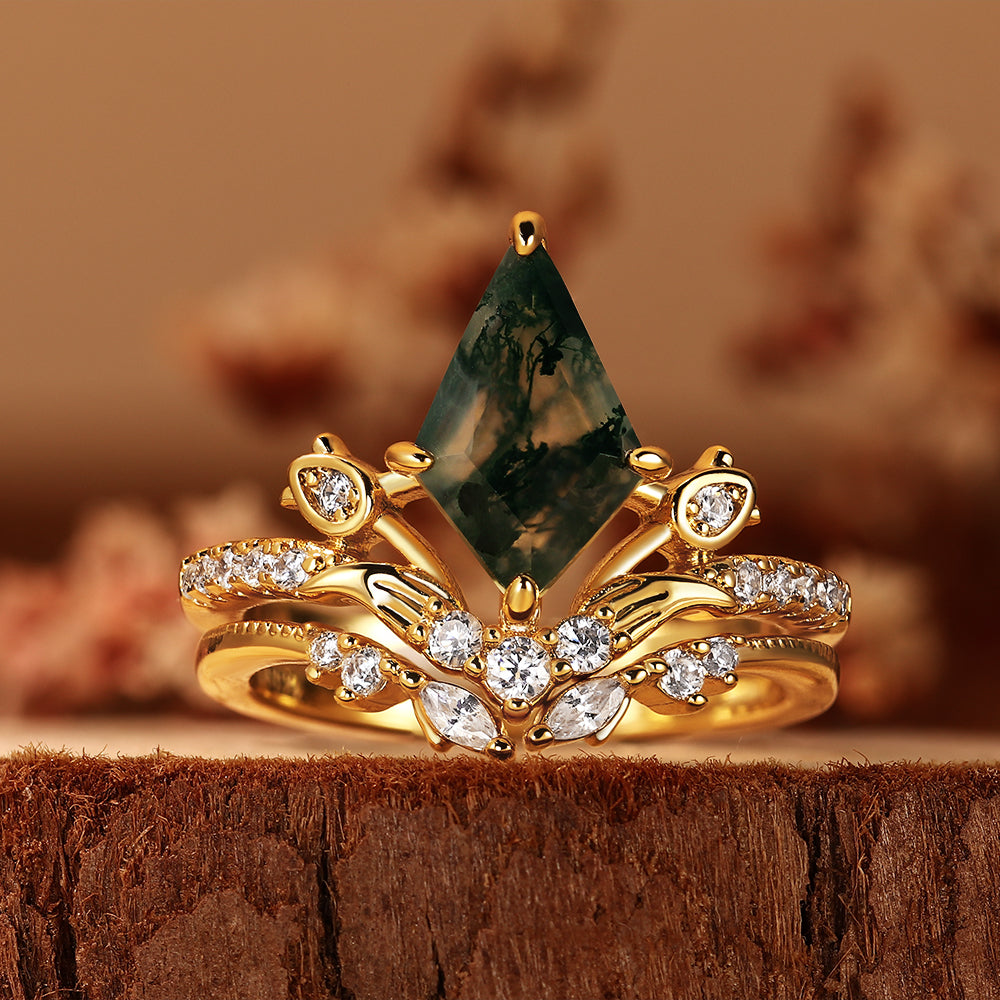 Enchanted Fairycore Kite Cut Moss Agate Bridal Ring Set, Unique Elven Inspired Wedding Ring Set