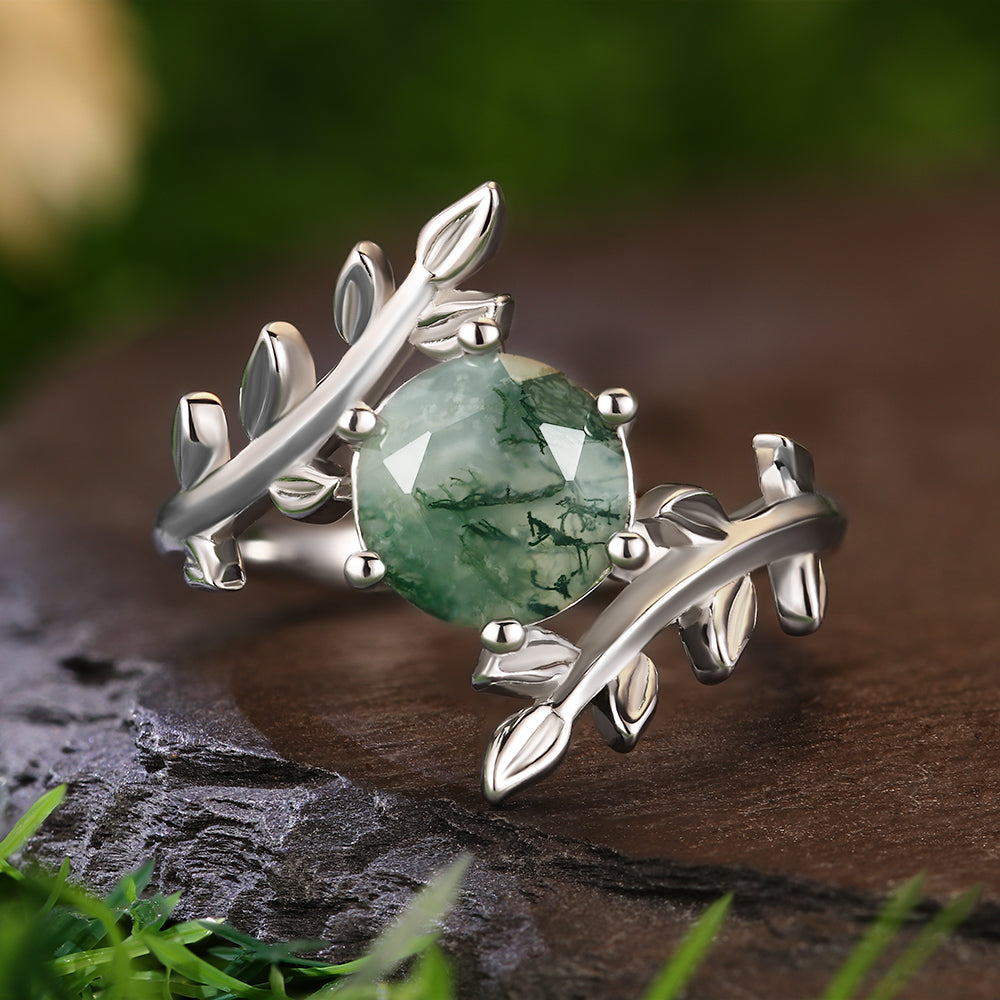 8mm Round Cut Moss Agate Leaf Vine Sterling Silver Nature-Inspired Engagement Ring