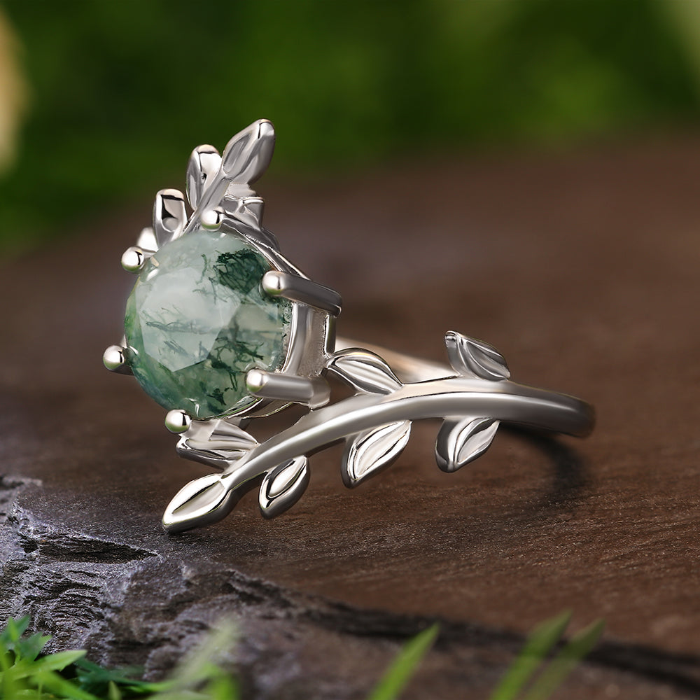 8mm Round Cut Moss Agate Leaf Vine Sterling Silver Nature-Inspired Engagement Ring