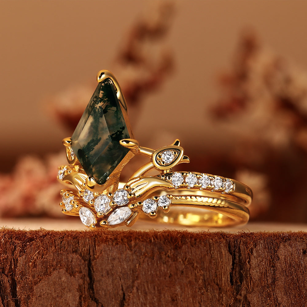 Enchanted Fairycore Kite Cut Moss Agate Bridal Ring Set, Unique Elven Inspired Wedding Ring Set