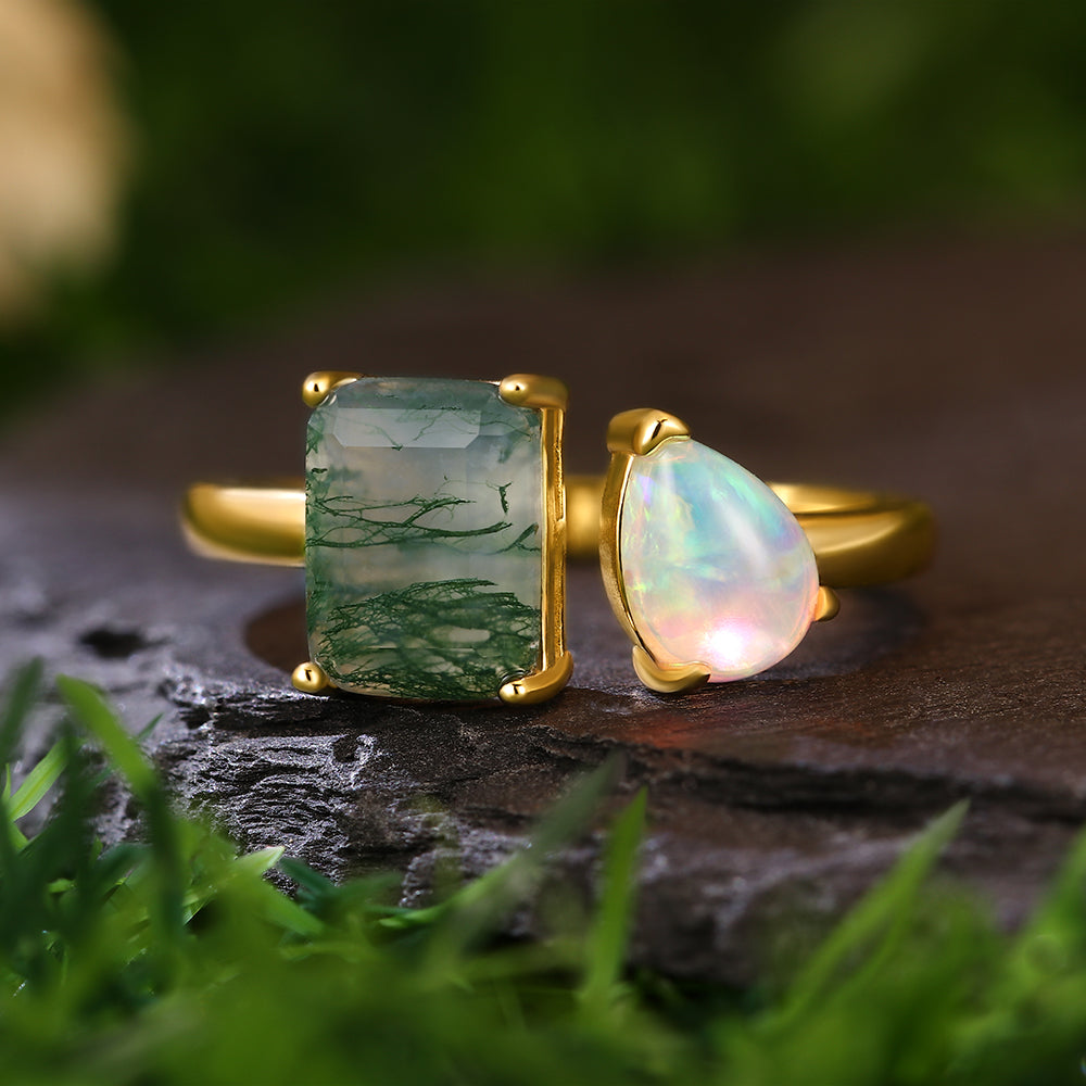 7x9mm Emerald Cut Moss Agate & 6x8mm Pear Cut Opal Toi Et Moi Vintage Engagement Ring