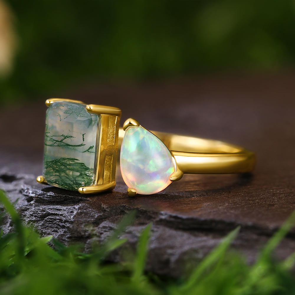7x9mm Emerald Cut Moss Agate & 6x8mm Pear Cut Opal Toi Et Moi Vintage Engagement Ring