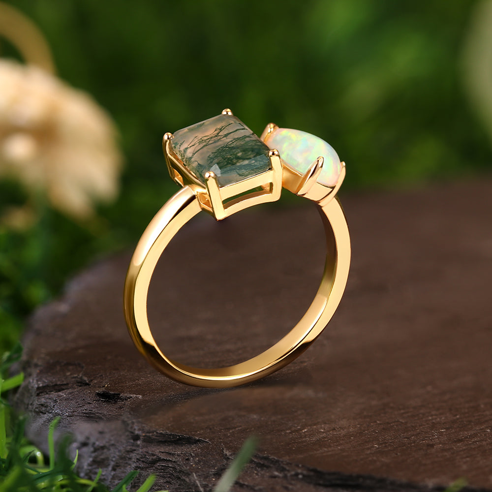 7x9mm Emerald Cut Moss Agate & 6x8mm Pear Cut Opal Toi Et Moi Vintage Engagement Ring