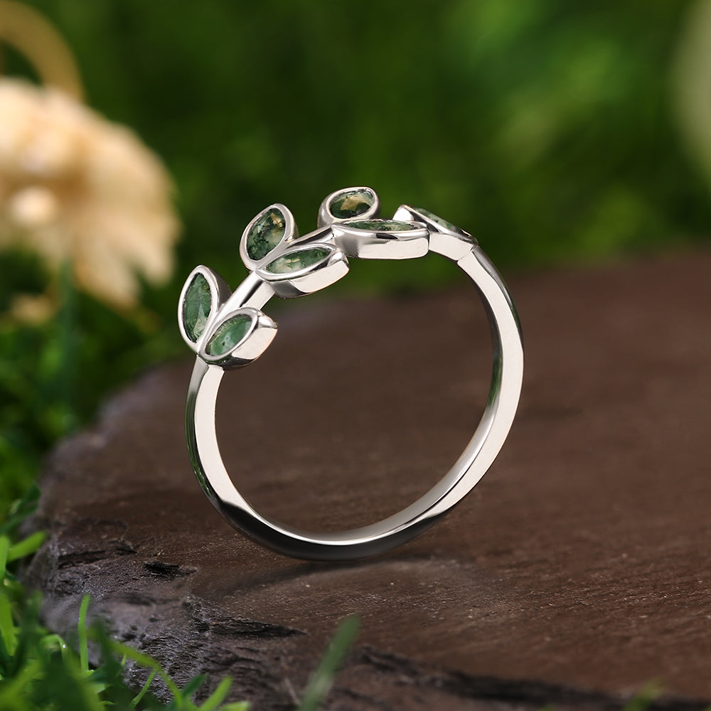 2x4mm Marquise Cut Moss Agate Leaf Vine Silver Nature Inspired Engagement Ring