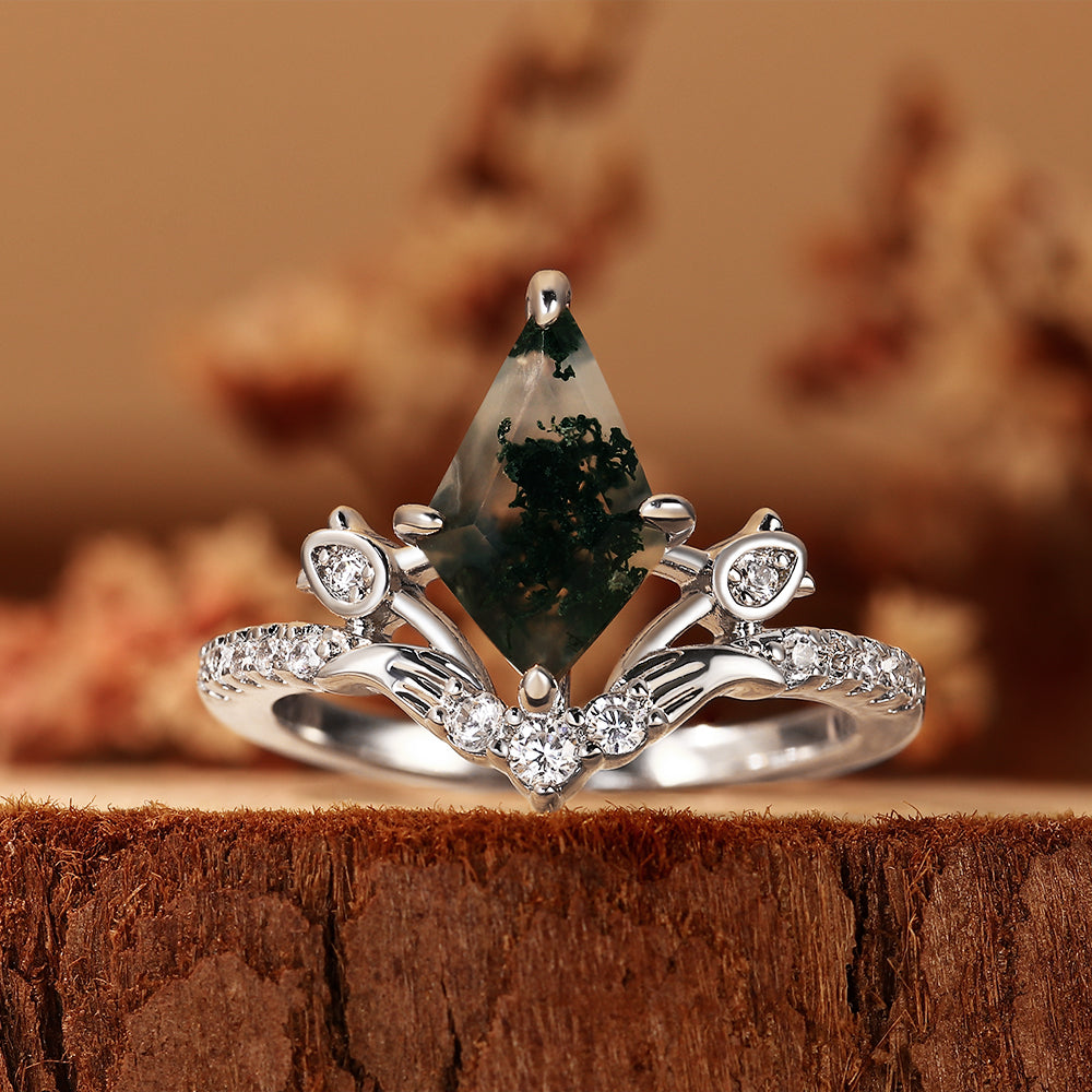 Elven Inspired Unique Kite Cut Moss Agate Engagement Ring