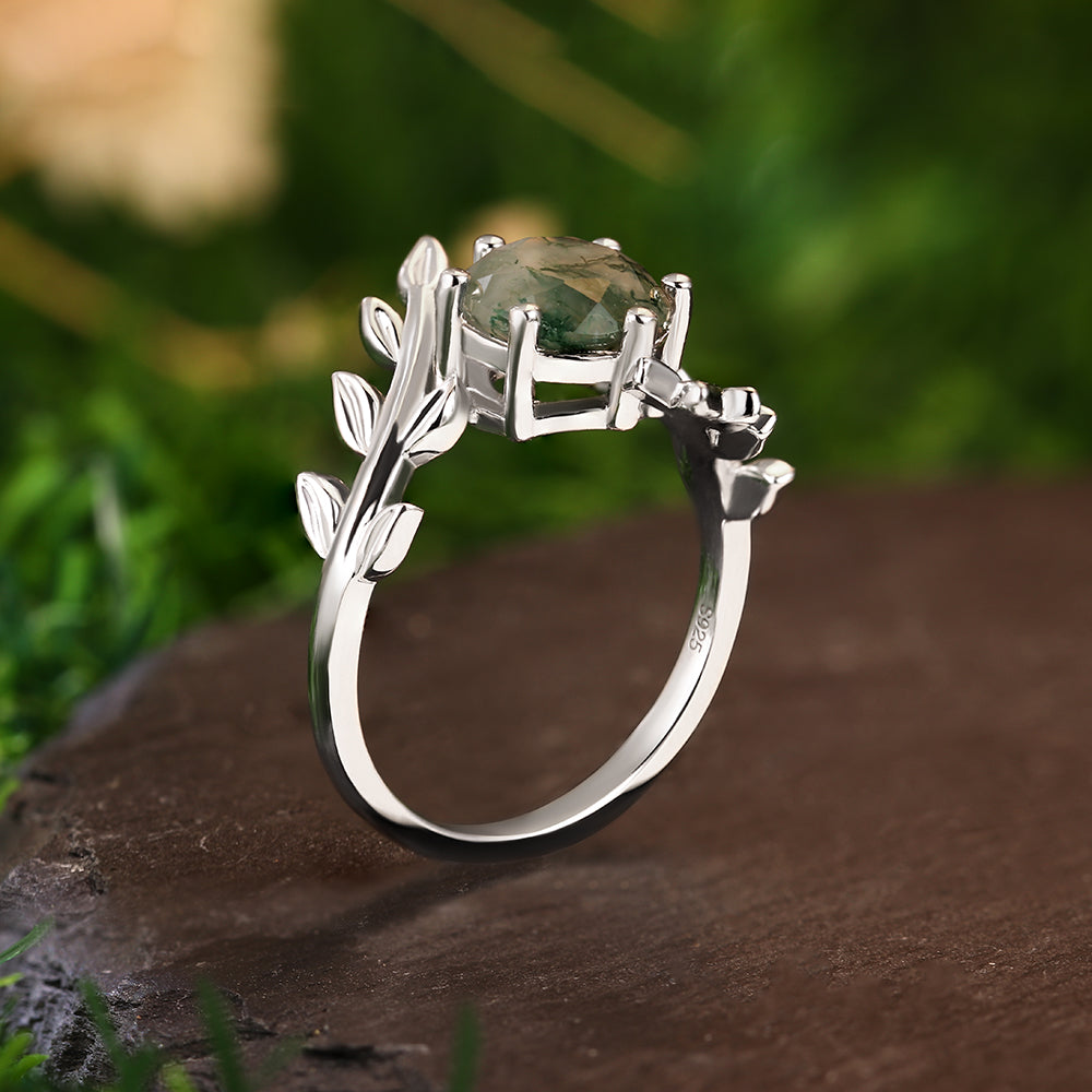 8mm Round Cut Moss Agate Leaf Vine Sterling Silver Nature-Inspired Engagement Ring