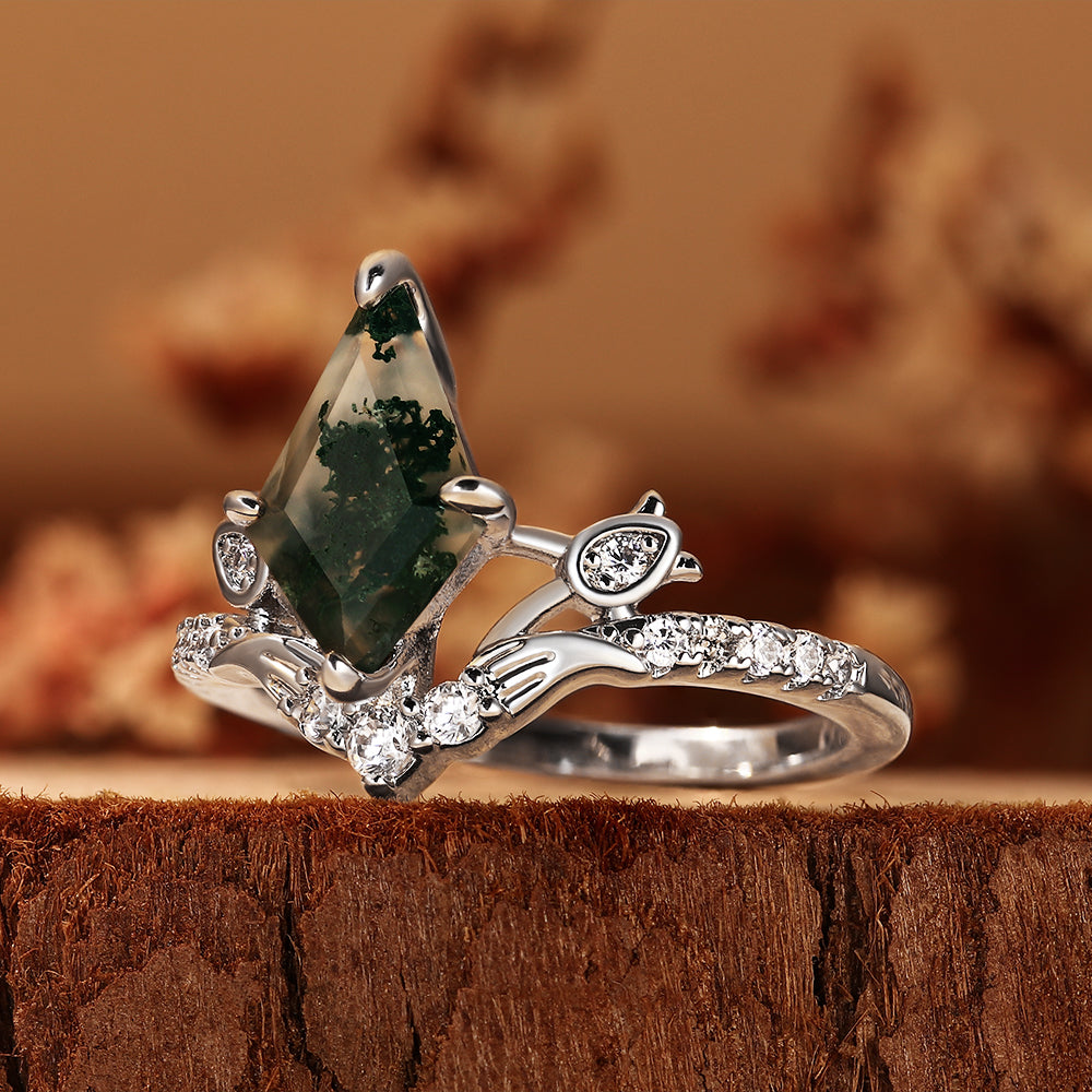 Elven Inspired Unique Kite Cut Moss Agate Engagement Ring