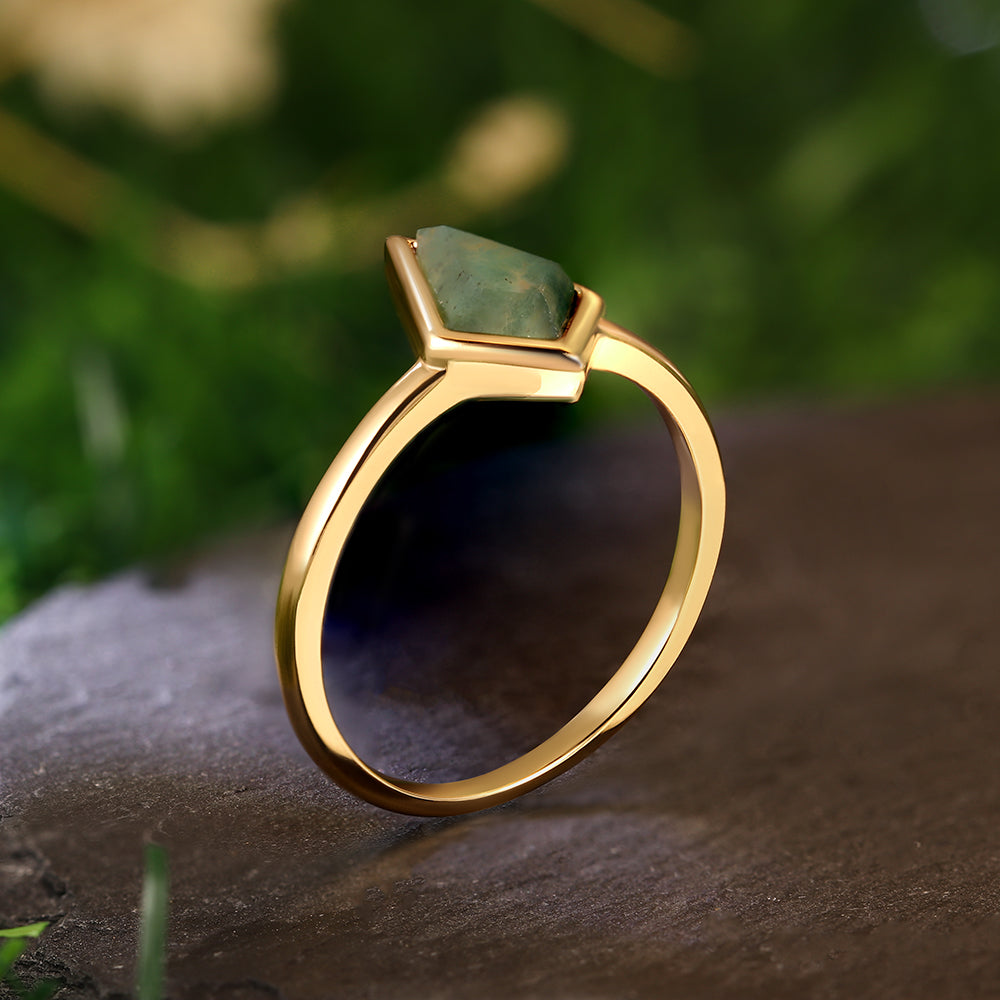 6x9mm Kite Cut Moss Agate Geometric Minimalist Engagement Ring