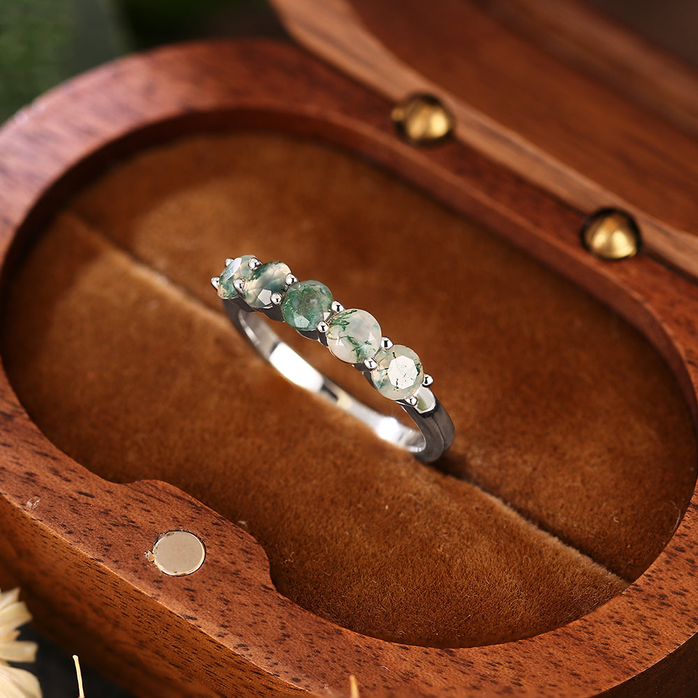 5mm Round Cut Moss Agate Half Eternity Minimalist Engagement Ring