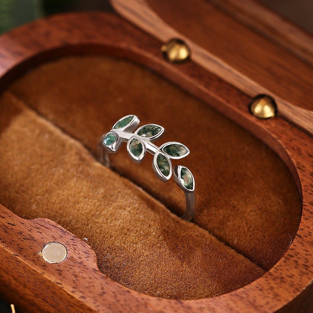 2x4mm Marquise Cut Moss Agate Leaf Vine Silver Nature Inspired Engagement Ring