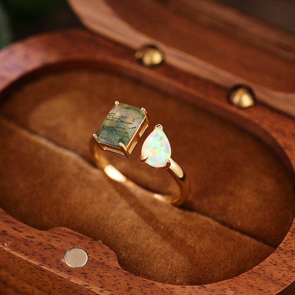 7x9mm Emerald Cut Moss Agate & 6x8mm Pear Cut Opal Toi Et Moi Vintage Engagement Ring