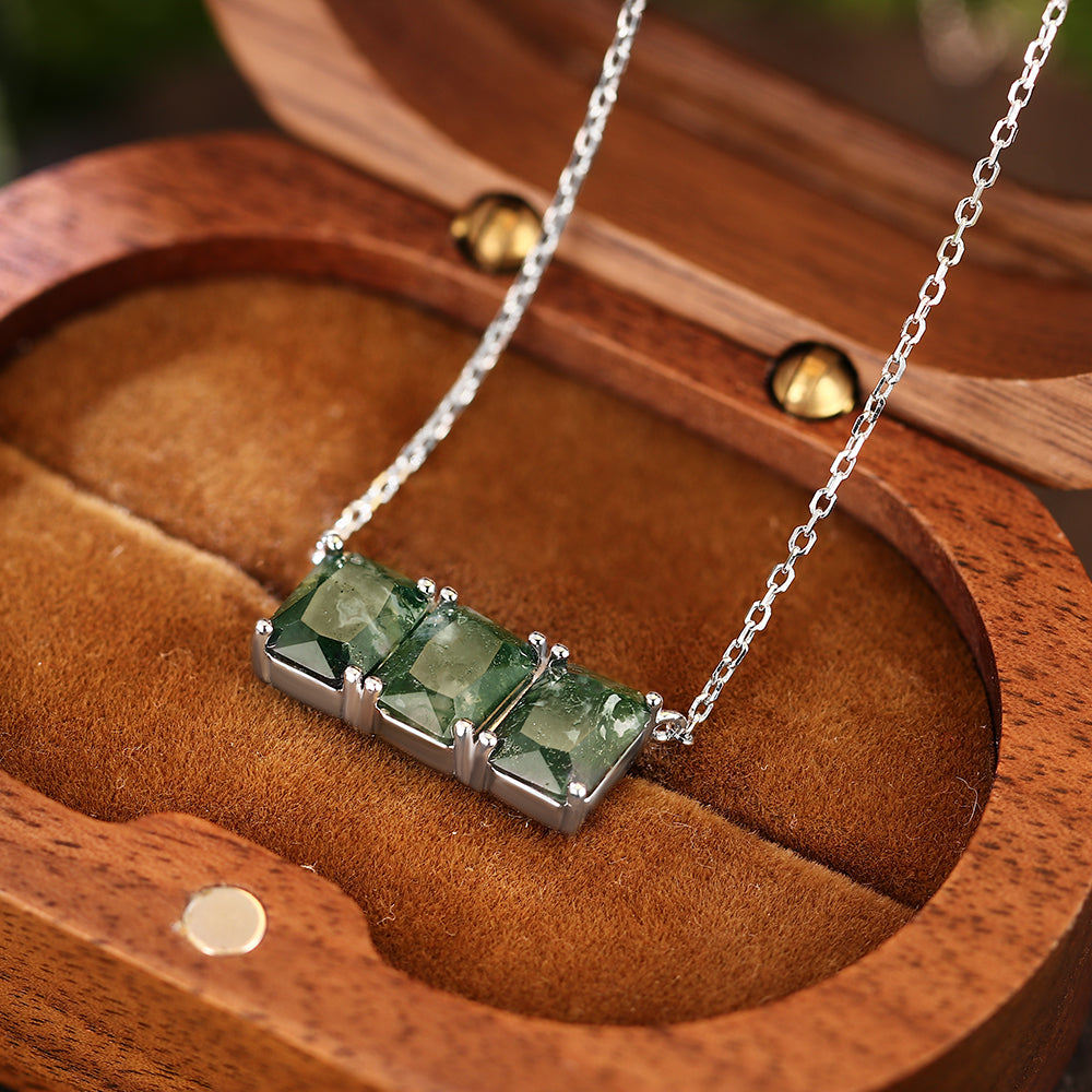 Three-Stone 6x8mm Radiant Cut Natural Moss Agate Pendant Necklace