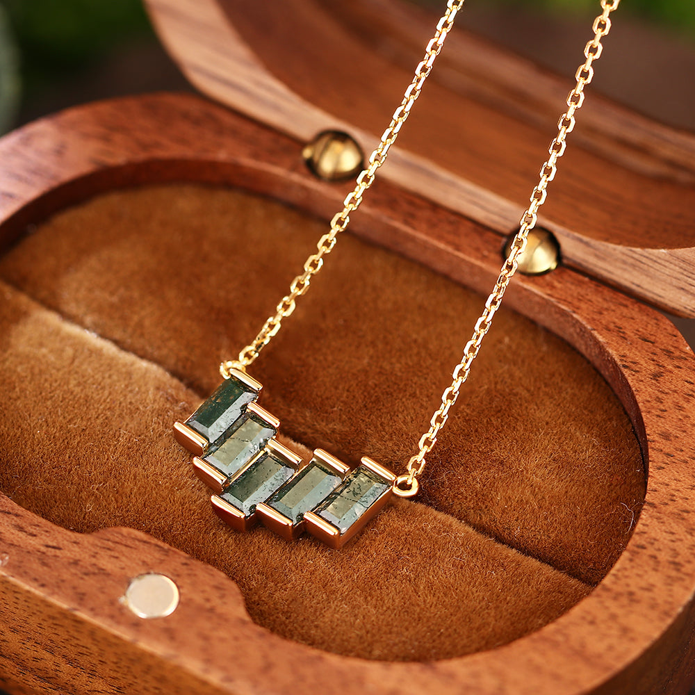 Geometric Staggered 3x6mm Baguette Cut Natural Moss Agate Pendant Necklace