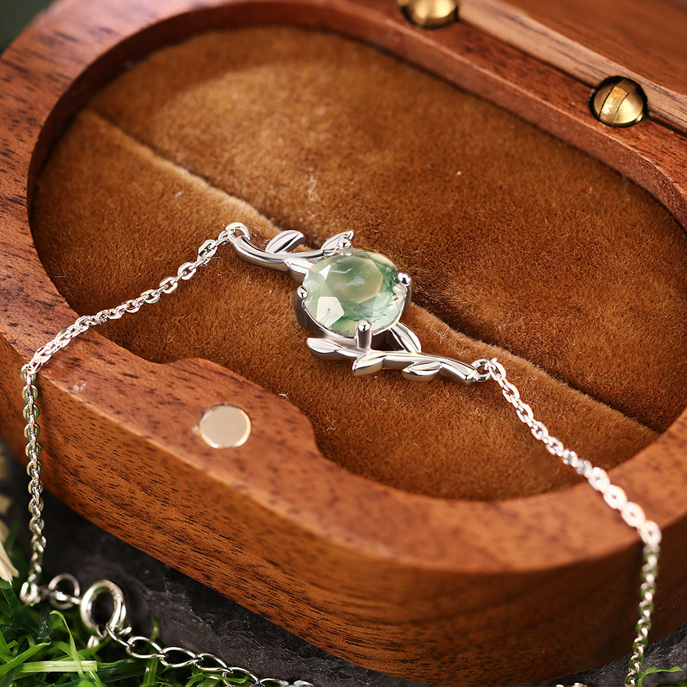 Twig Wrapped 8mm Round Cut Natural Moss Agate Bracelet