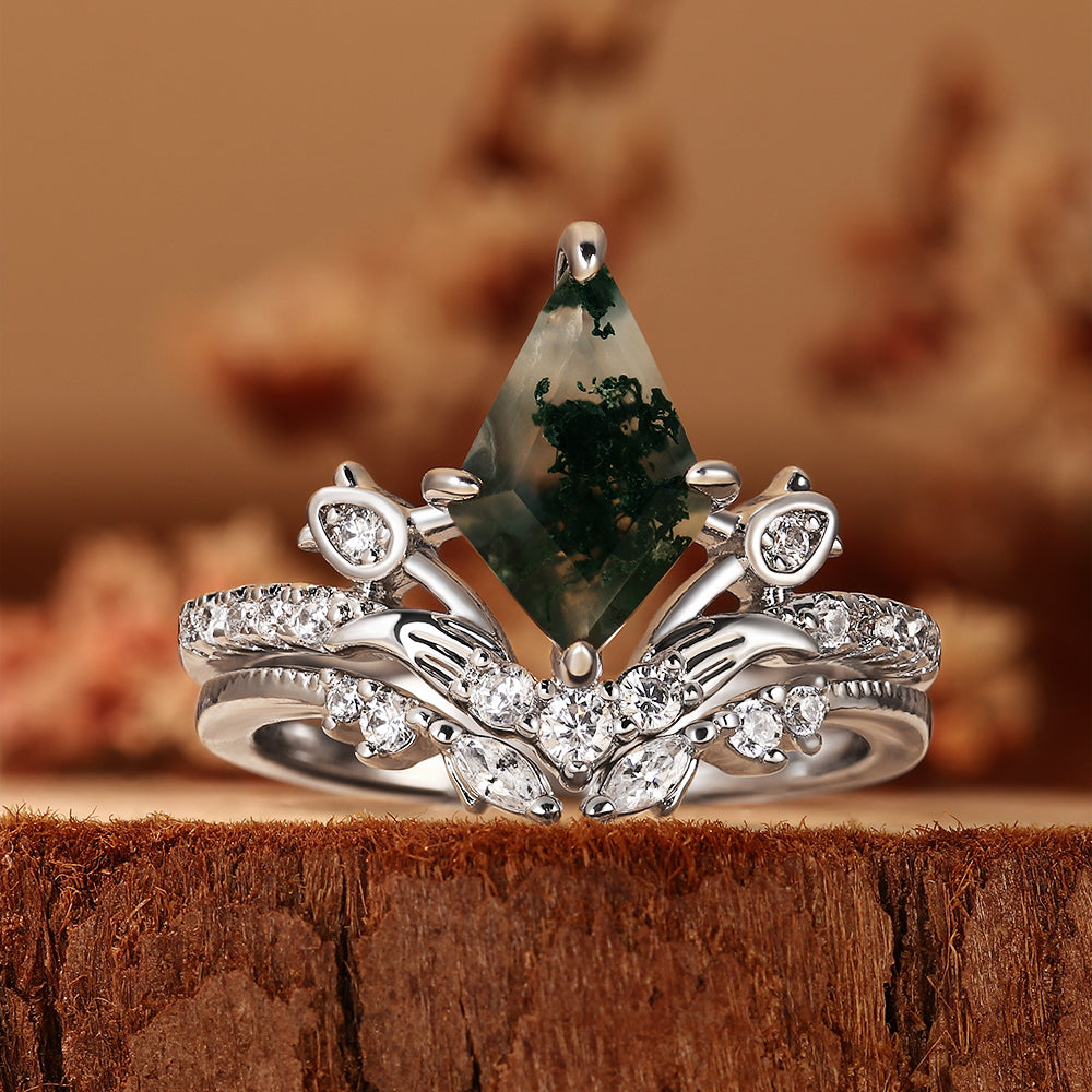 Enchanted Fairycore Kite Cut Moss Agate Bridal Ring Set, Unique Elven Inspired Wedding Ring Set