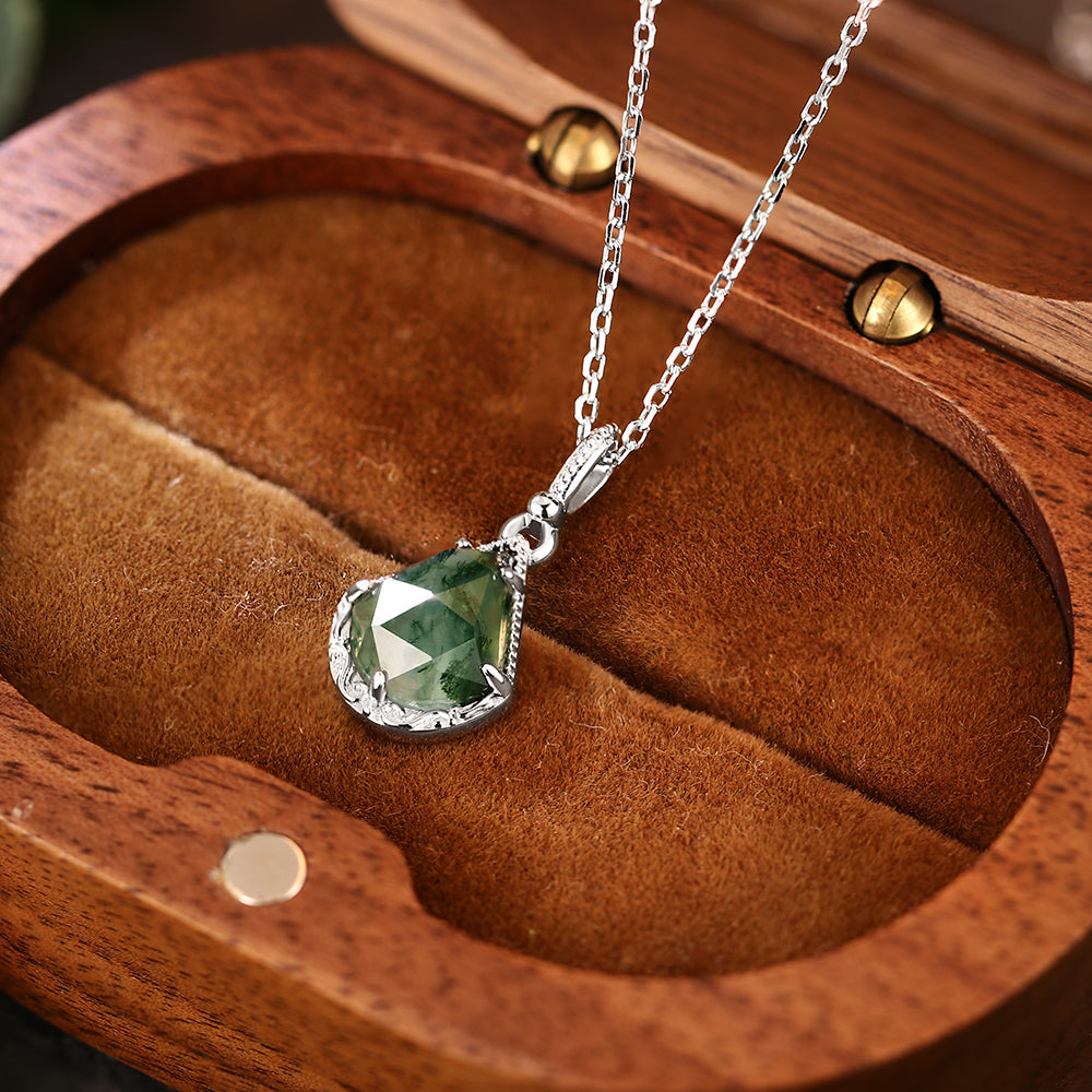 12x14mm Custom Fan-Shaped Cut Moss Agate Pendant Necklace