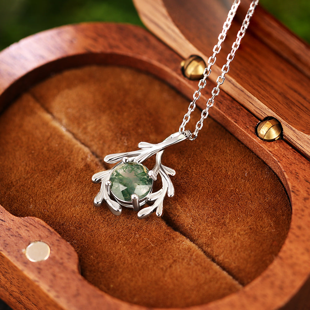 Twig Wrapped 8mm Round Cut Natural Moss Agate Pendant Necklace