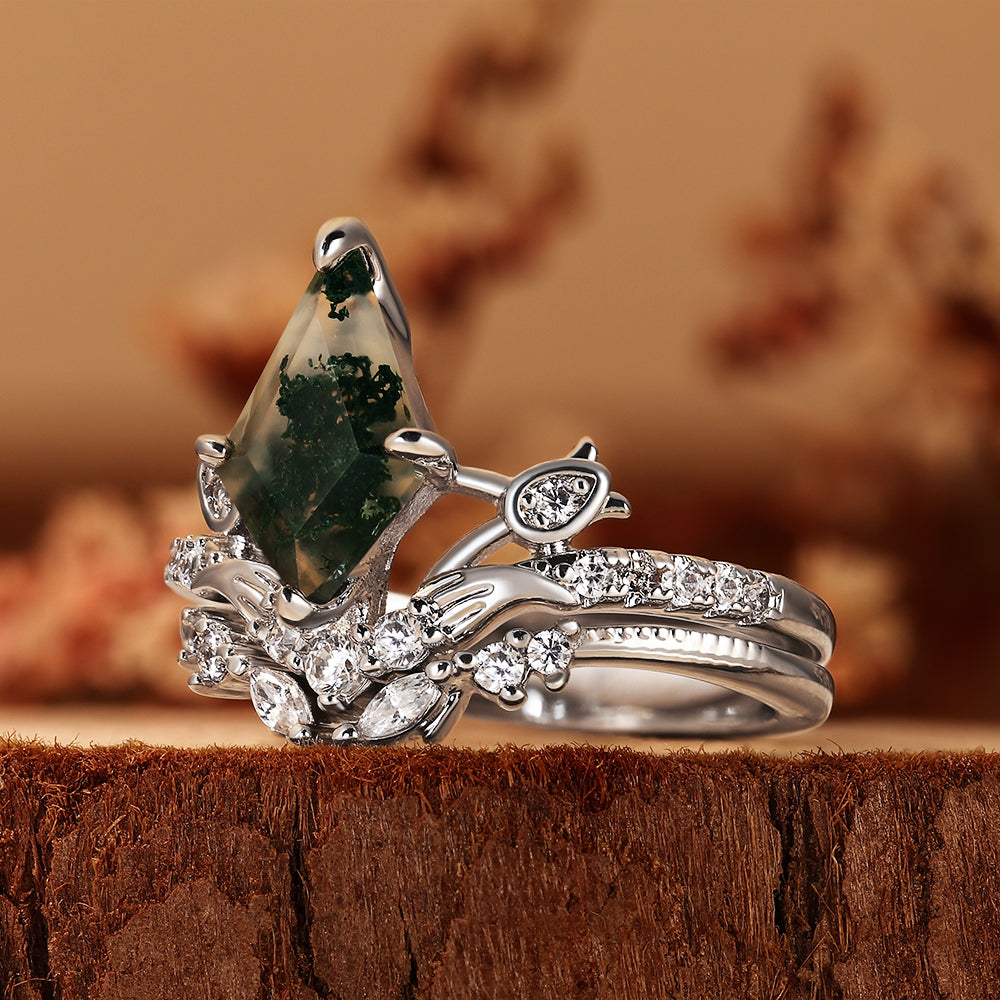 Enchanted Fairycore Kite Cut Moss Agate Bridal Ring Set, Unique Elven Inspired Wedding Ring Set
