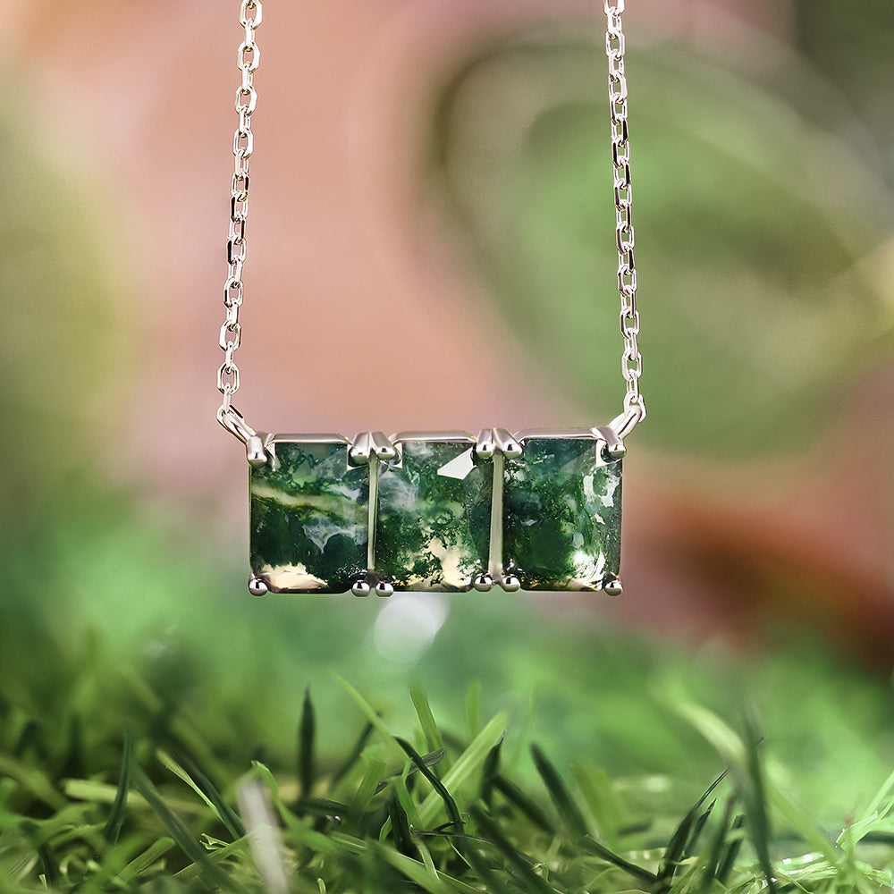 Three-Stone 6x8mm Radiant Cut Natural Moss Agate Pendant Necklace
