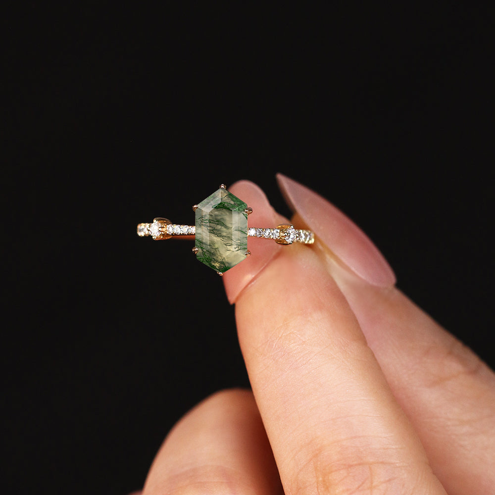 6x10mm Hexagon Cut Moss Agate Vintage Minimalist Engagement Ring