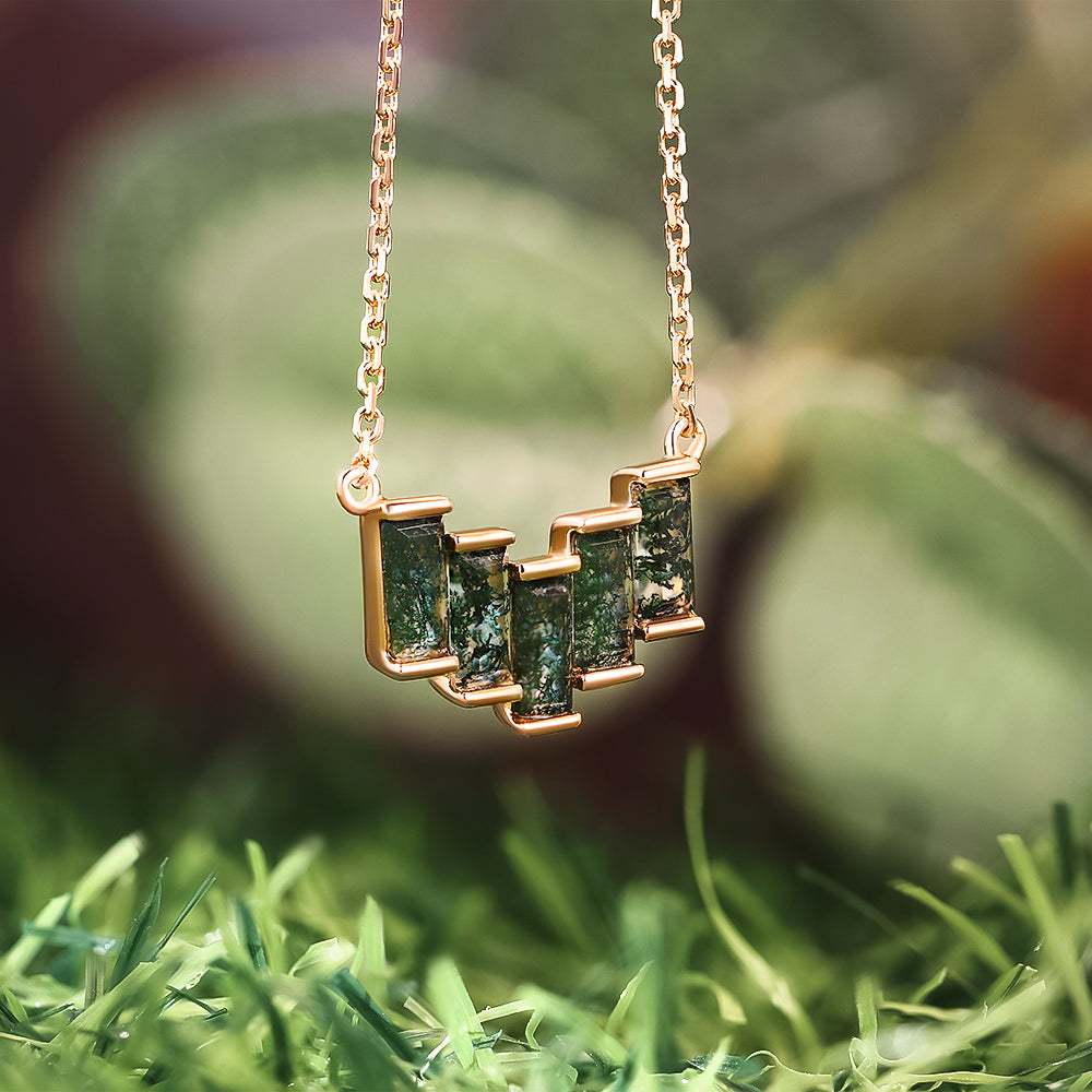 Geometric Staggered 3x6mm Baguette Cut Natural Moss Agate Pendant Necklace