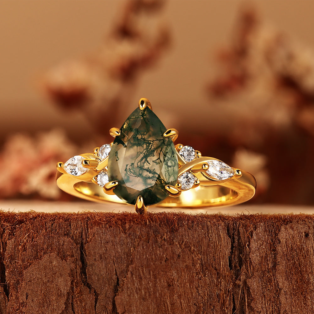 Pear Cut Moss Agate Nature Inspired Unique Teardrop Cluster Engagement Ring