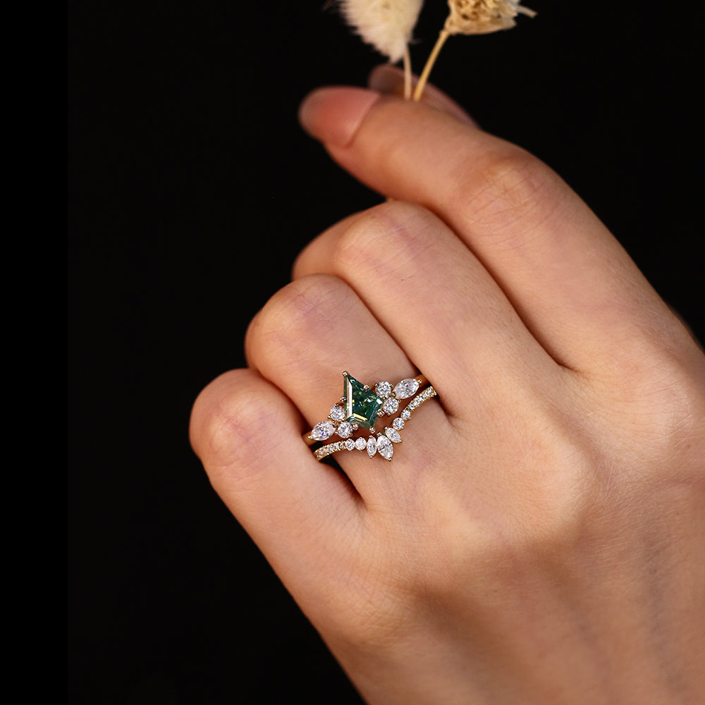 2.24ct Vintage Kite Cut Green Moissanite Moissanite Engagement Ring Marquise Curved Band