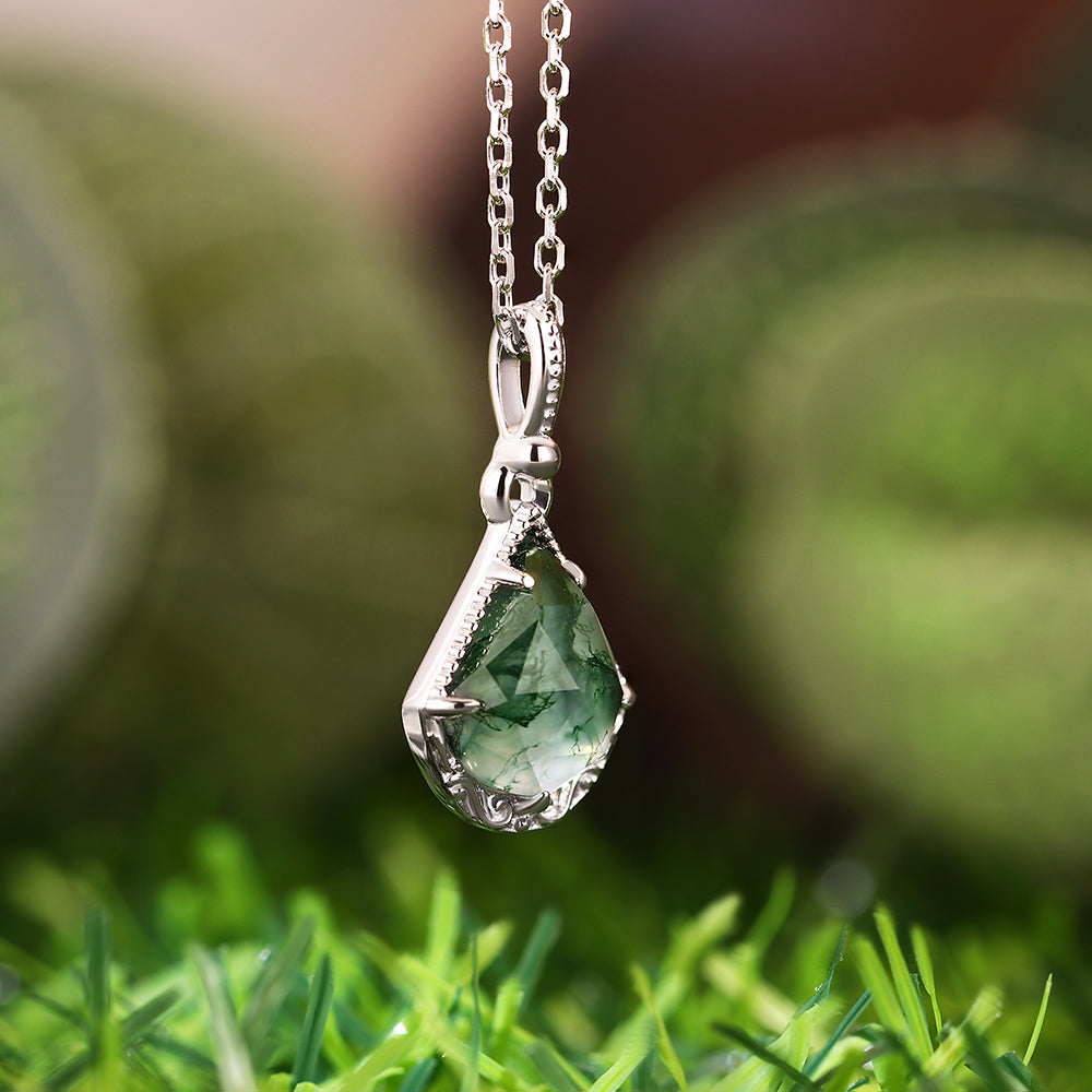 12x14mm Custom Fan-Shaped Cut Moss Agate Pendant Necklace