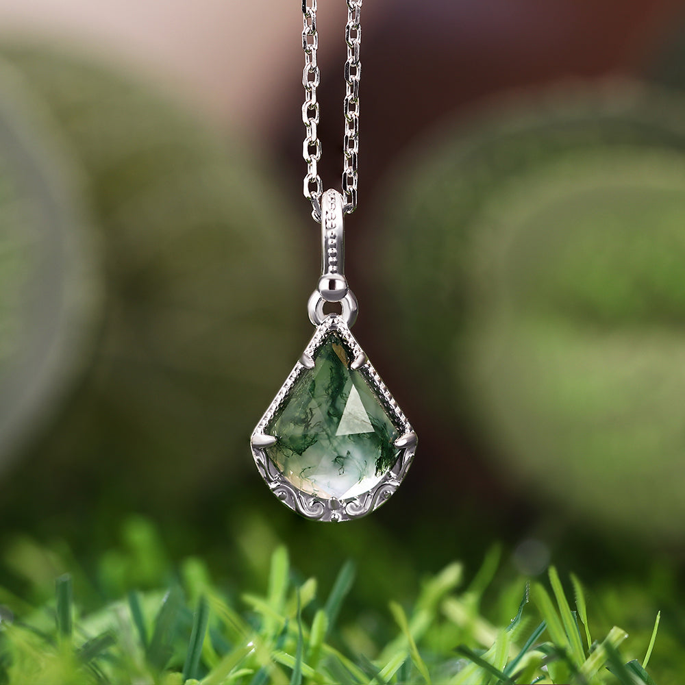 12x14mm Custom Fan-Shaped Cut Moss Agate Pendant Necklace