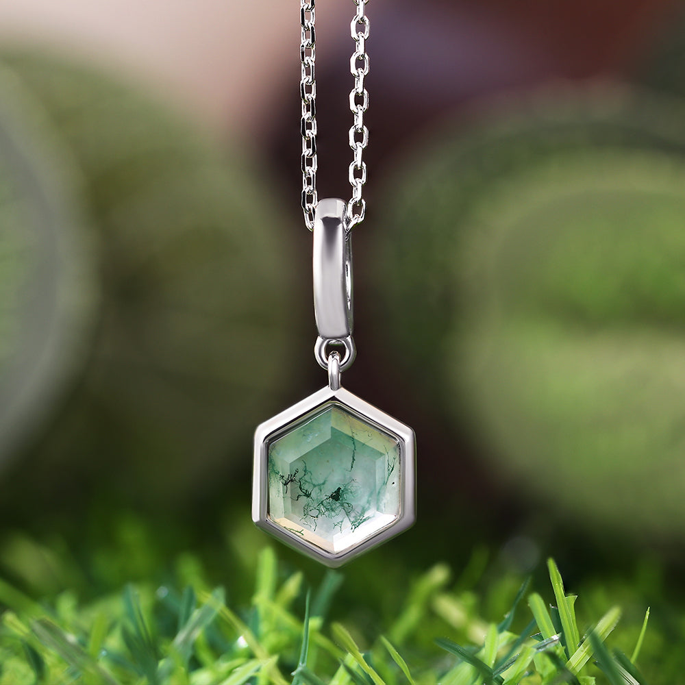 8x8mm Hexagon Cut Natural Moss Agate Pendant Necklace
