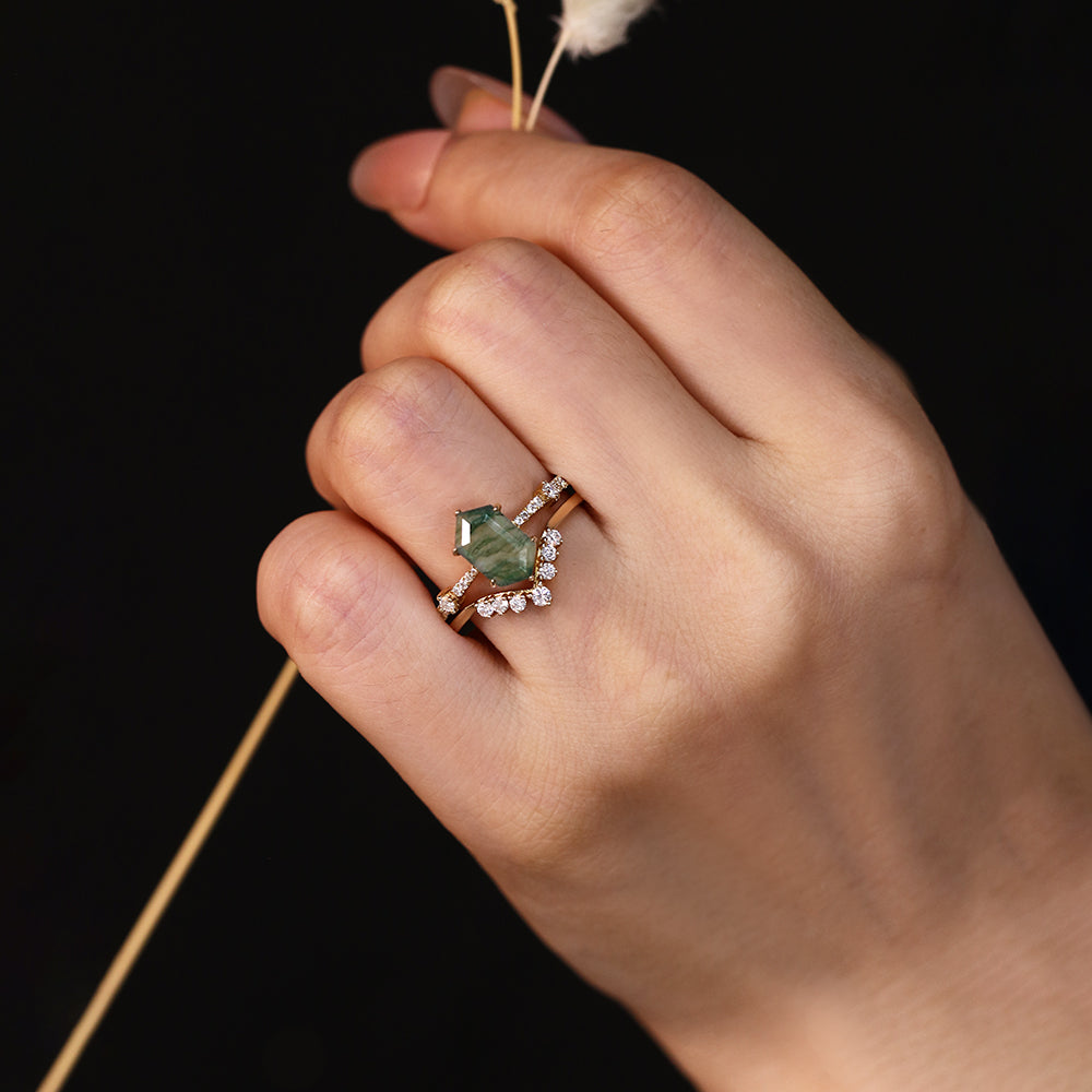 6x10mm Hexagon Cut Moss Agate Vintage Halo Round Moissanite Bridal Ring