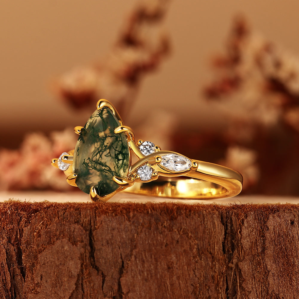 Pear Cut Moss Agate Nature Inspired Unique Teardrop Cluster Engagement Ring