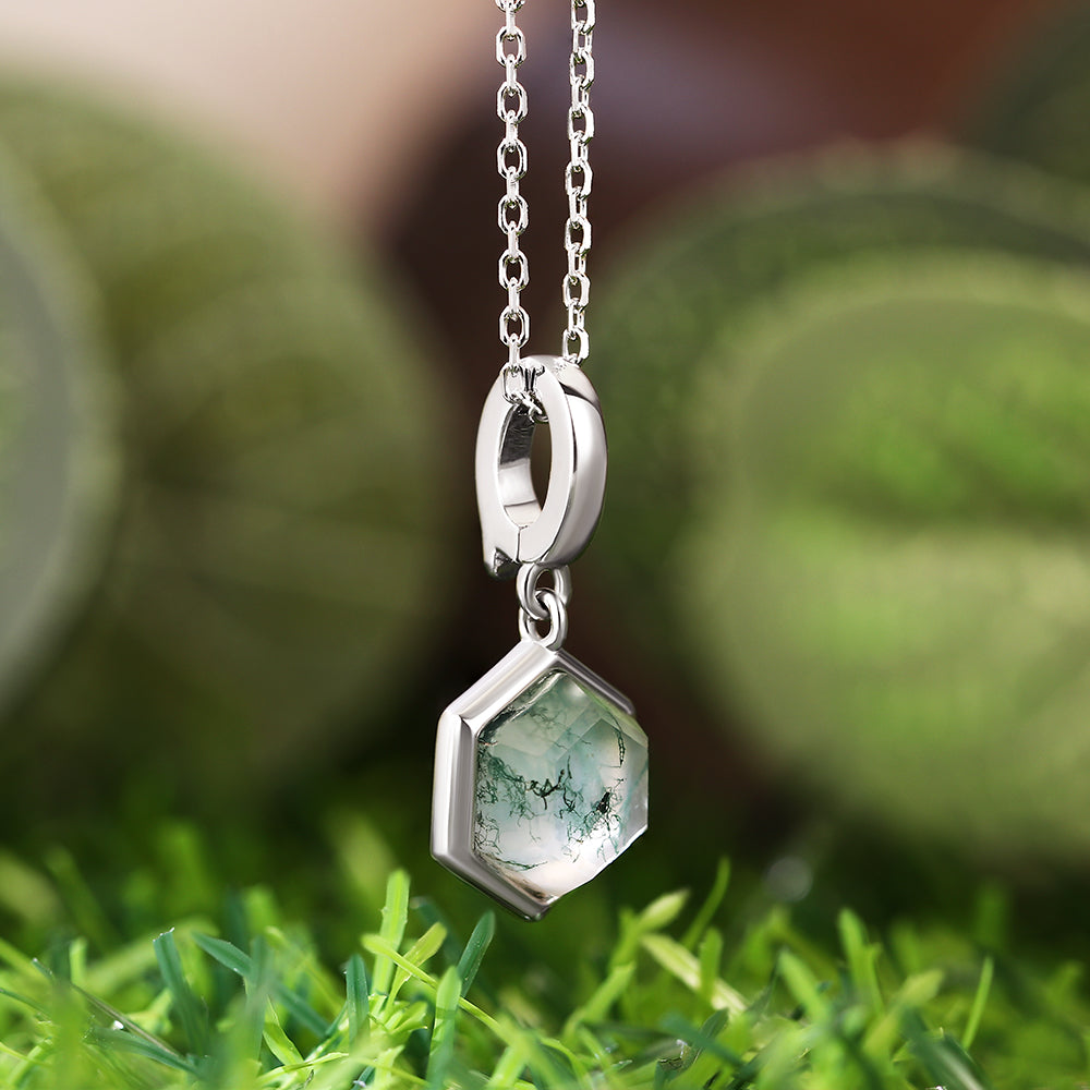8x8mm Hexagon Cut Natural Moss Agate Pendant Necklace