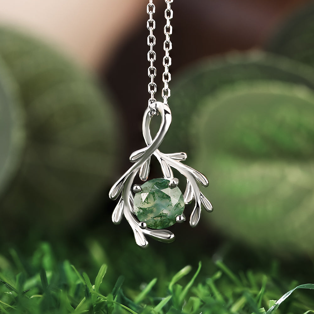 Twig Wrapped 8mm Round Cut Natural Moss Agate Pendant Necklace