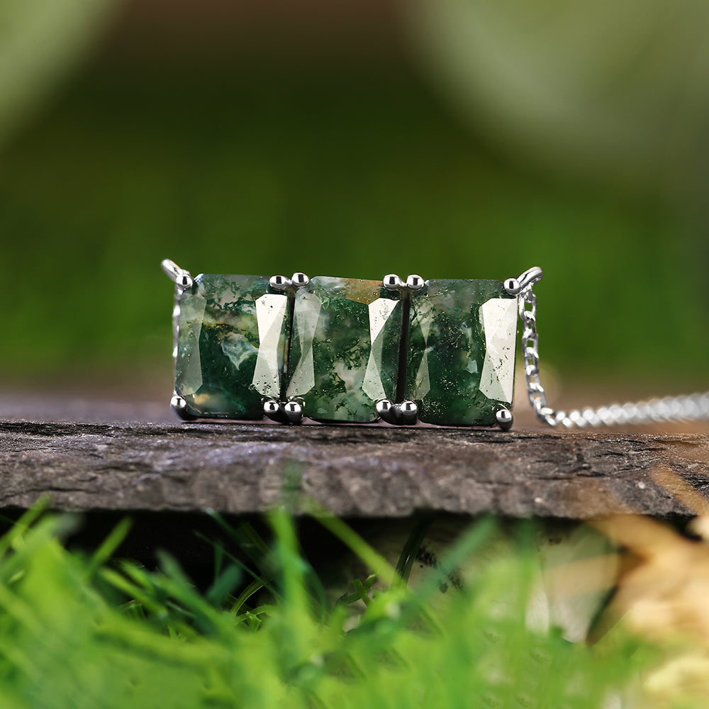 Three-Stone 6x8mm Radiant Cut Natural Moss Agate Pendant Necklace