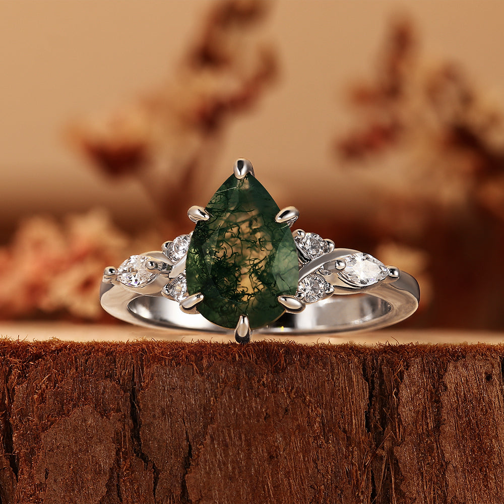 Pear Cut Moss Agate Nature Inspired Unique Teardrop Cluster Engagement Ring